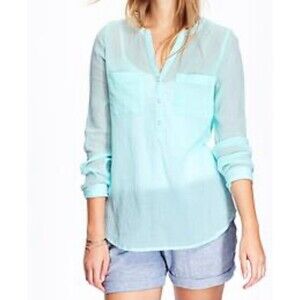 Express Women's Pastel Mint Sheer Gauze Pull Over Front Open Pockets Shirt Top M